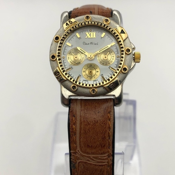 Pierre Nicol Women’s Watch Gold & Silver With Brown Band (New Battery) Vintage - Picture 1 of 6